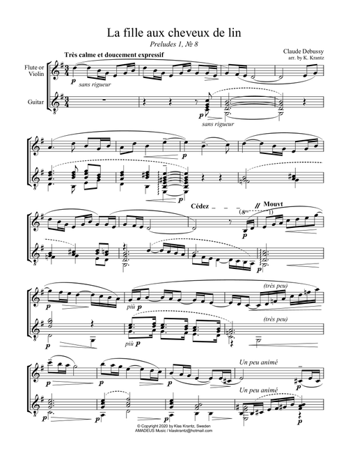 La fille aux cheveux de lin / The girl with the flaxen hair for violin (flute) and guitar (Arr. K. Krantz) - Claude Debussy (Instrumental Duet)