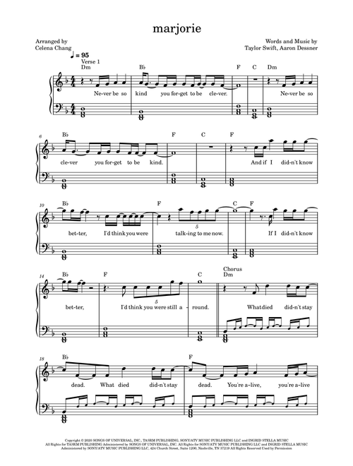 Marjorie (Arr. Celena Chang) - Taylor Swift (Piano Solo)