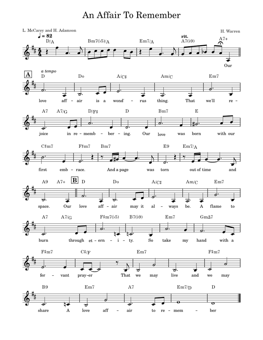 An Affair To Remember Sheet Music with Chords for Piano (Solo