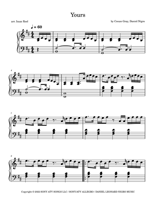 Yours (Arr. Isaac Reel) - Conan Gray (Piano Solo)