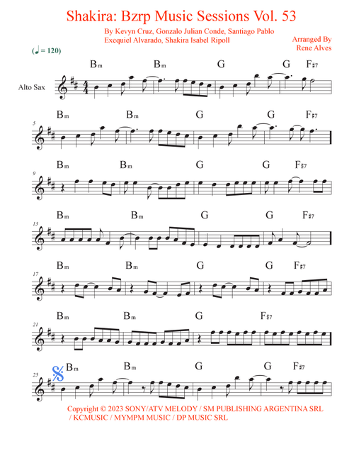Shakira: Bzrp Music Sessions Vol. 53 (Arr. Rene Alves) - Shakira / Bizarrap (Alto Sax Solo)