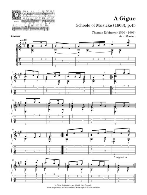 A gigue – Thomas Robinson (1560 - 1609) - Tablature