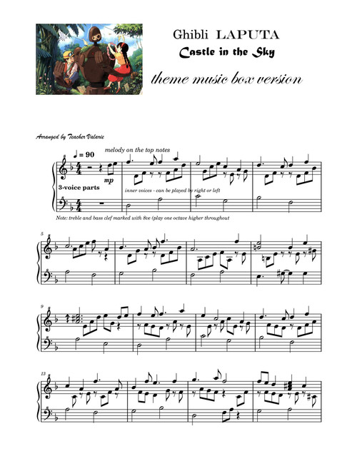 Ghibli Laputa Castle Music Box Version | Piano Sheet Music Score with note names (Arr. Teacher Valarie) - Published Harmony (Easy Piano)