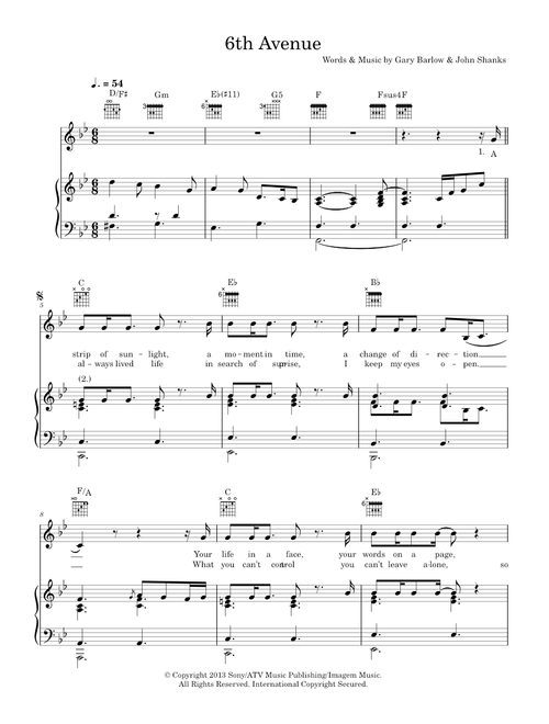 6th Avenue - Eliot Kennedy, Gary Barlow (Piano-Vocal-Guitar (Piano Accompaniment))