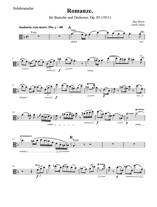 Max Bruch - Romanze Op.85 Solobratsche (Solo Viola Part) - Original (Arr. poon) (Viola Solo)