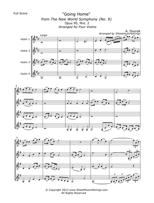 "Going Home" from the New World Symphony, Arranged for 4 Violins (Arr. SheetMusic4Strings) - Antonin Dvorak (String Ensemble)