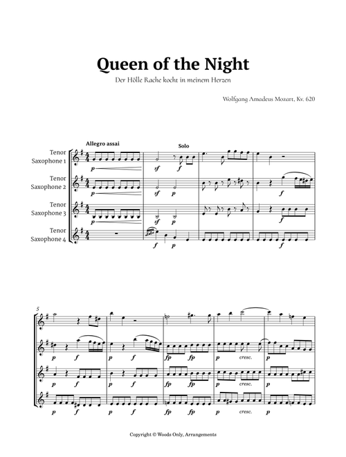 Queen of the Night Aria by Mozart for Tenor Sax Quartet (Arr. Ander) (Woodwind Ensemble)