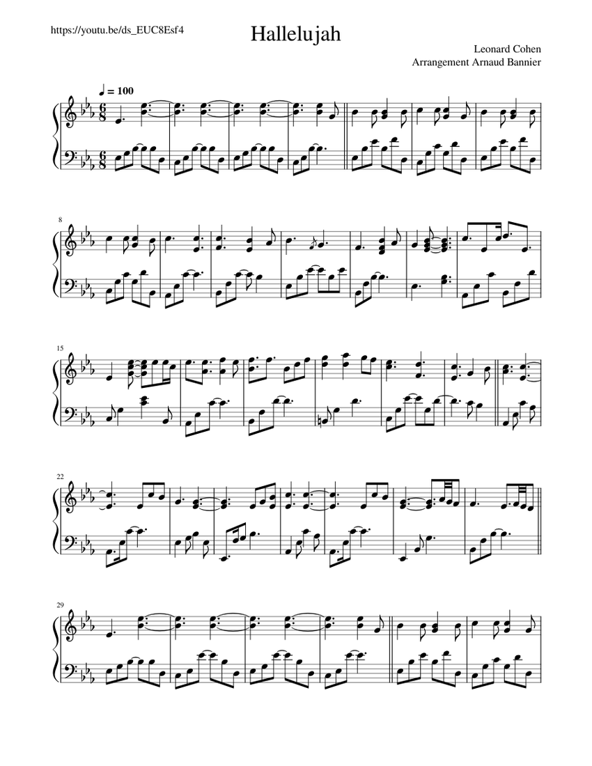 Partition Hallelujah Arrangée Pour Harpe - Version Instrumentale