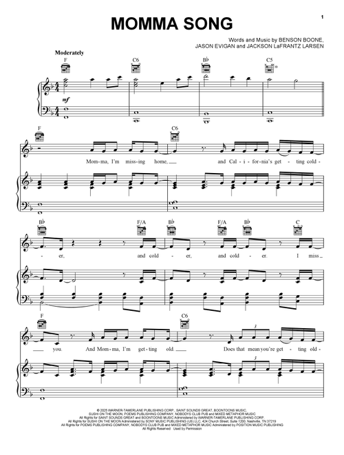Momma Song - Benson Boone (Piano-Vocal-Guitar)