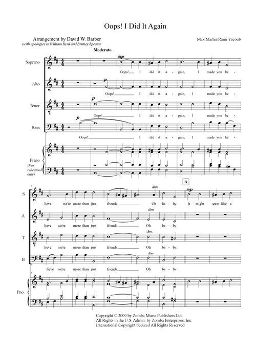 Oops!...i Did It Again (Arr. David W. Barber) - Britney Spears (Choral, SATB)