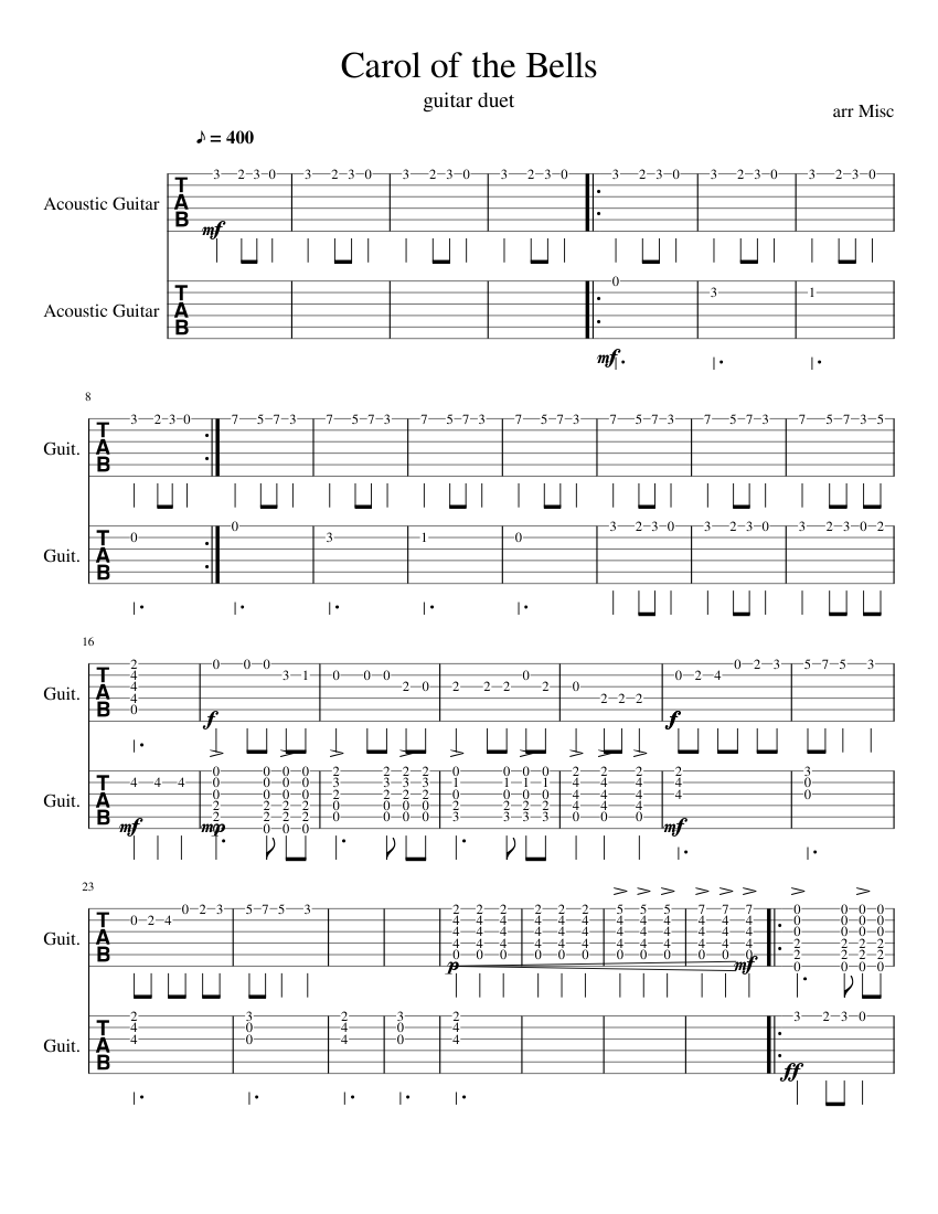 Carol of the Bells - Mykola Leontovych Sheet Music for Guitar (Mixed ...