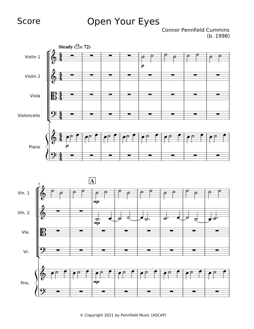 Open Your Eyes Sheet Music for Piano, Violin, Viola, Cello (Piano