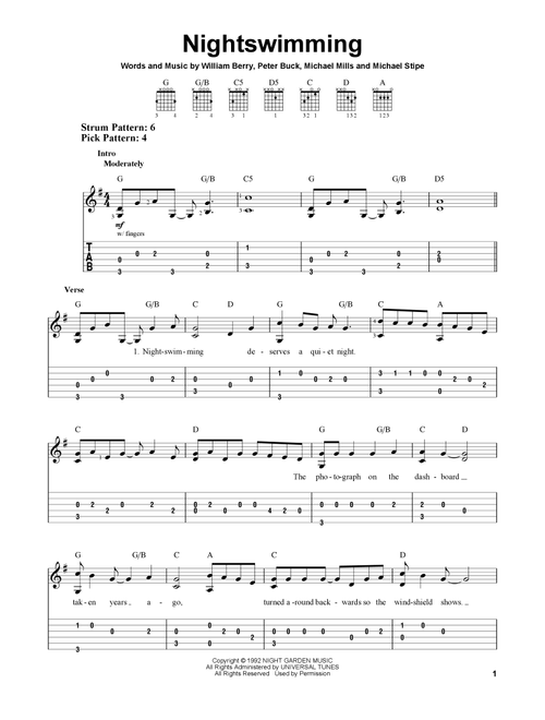 Nightswimming - REM (Easy Guitar with TAB)