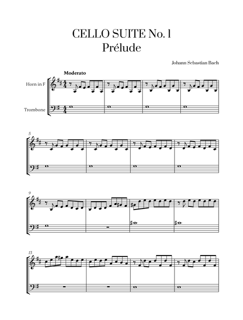 Johann Sebastian Bach - Cello Suite No. 1 in G Major, Prelude for French Horn and Trombone (Arr. Cadenza Editions) (Instrumental Duet)