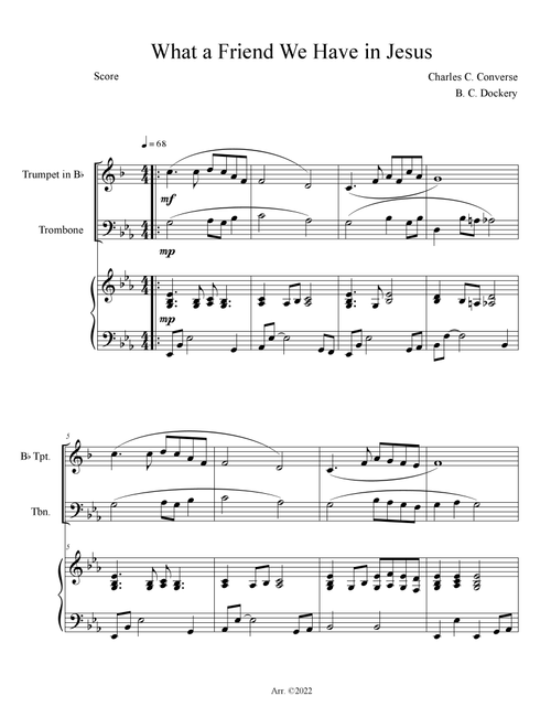What a Friend We Have in Jesus (Trumpet and Trombone Duet with Piano Accompaniment) (Arr. B. C. Dockery) - Charles C Converse (Instrumental Duet and Piano)