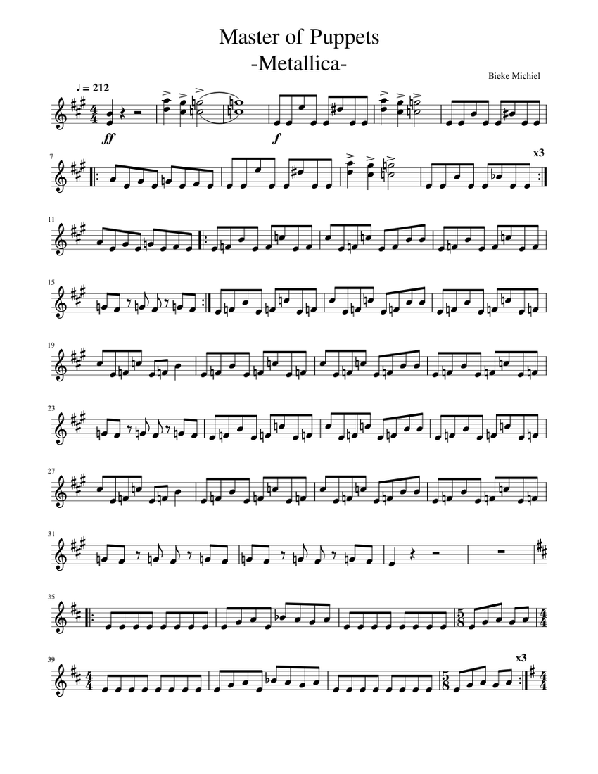 Master of Puppets: Metallica Sheet Music for Piano (Rock band
