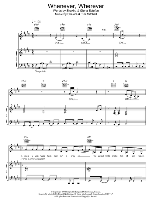 Whenever, Wherever - Shakira (Piano-Vocal-Guitar (Piano Accompaniment))