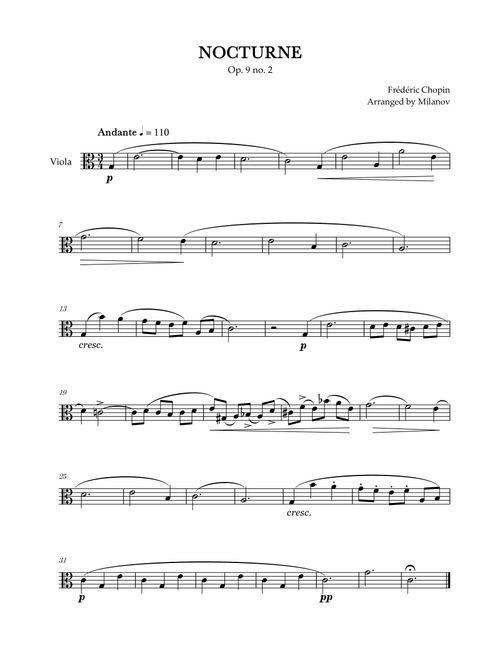 Chopin Nocturne op. 9 no. 2 | Viola | C Major | Easy beginner (Arr. Milanov) - Frédéric Chopin (Viola Solo)