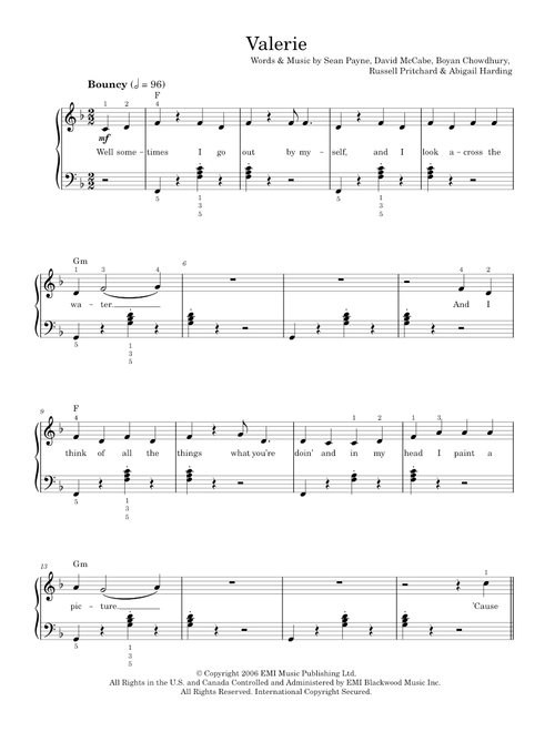 Valerie - Amy Winehouse, The Zutons (Easy Piano)