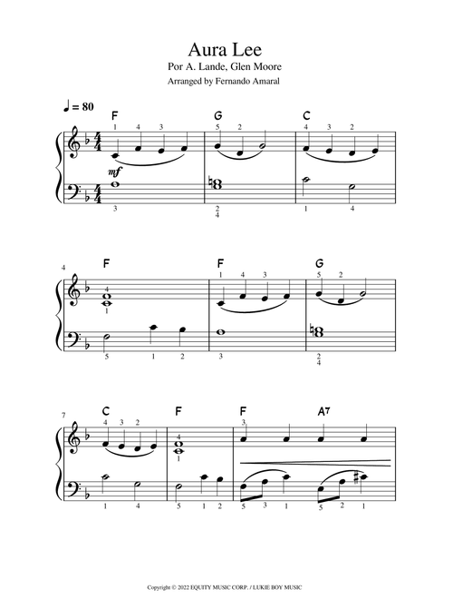 Aura Lee (Arr. Fernando Amaral) - Glen Moore, A. Lande (Easy Piano)