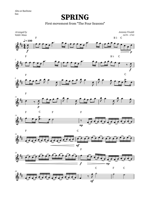Spring - The Four Seasons for Alto Sax (+ CHORDS) (Arr. Valdir Maia) - Antonio Vivaldi (Alto Sax Solo)