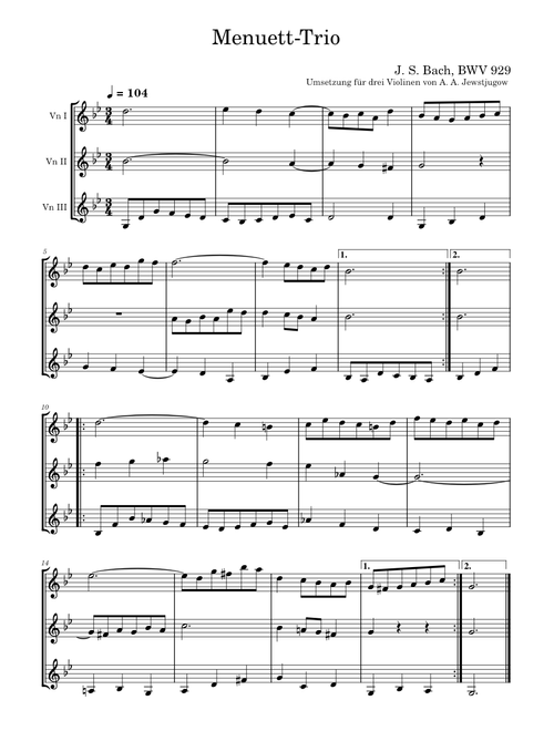 Trio for Minuet, BWV 929 — easy arrangement for three violins