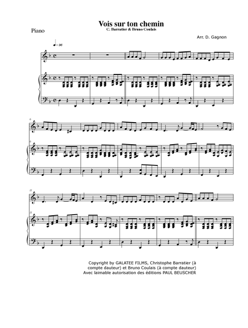 Vois Sur Ton Chemin (Arr. D. Gagnon) - Christophe Barratier, Bruno Coulais (Piano Vocal)