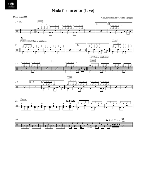 Nada Fue Un Error (Arr. Drum Sheet MX) - Coti Sorokin (Drums)
