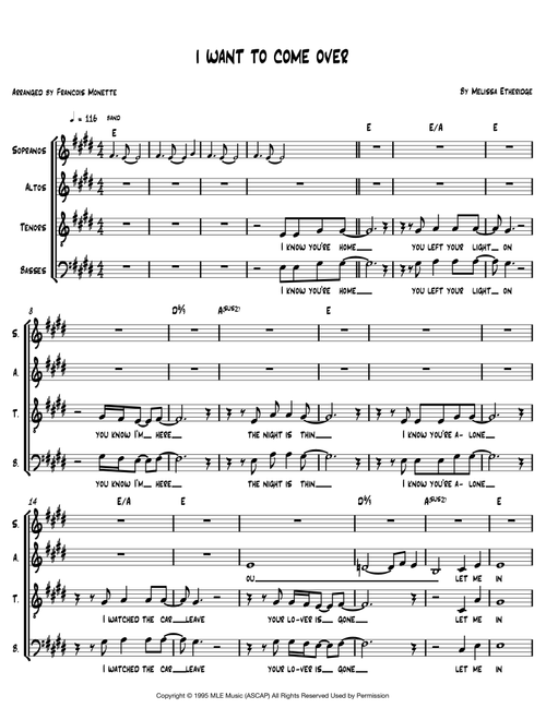 I Want To Come Over (Arr. Francois Monette) - Melissa Etheridge (Choral, SATB)