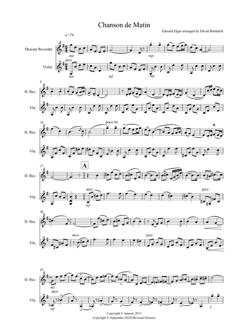 Chanson de Matin for Descant Recorder and Violin Duet (Arr. David Burndrett) - Edward Elgar (Instrumental Duet)