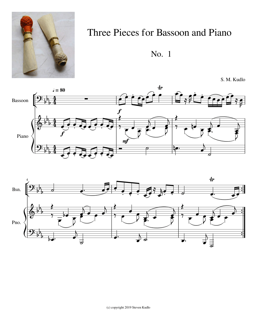 Three Pieces for Bassoon and Piano; No. 1 Sheet Music for Piano ...