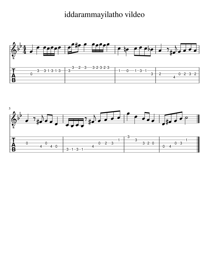 iddarammayilatho vildeo Sheet music for Guitar (Solo)