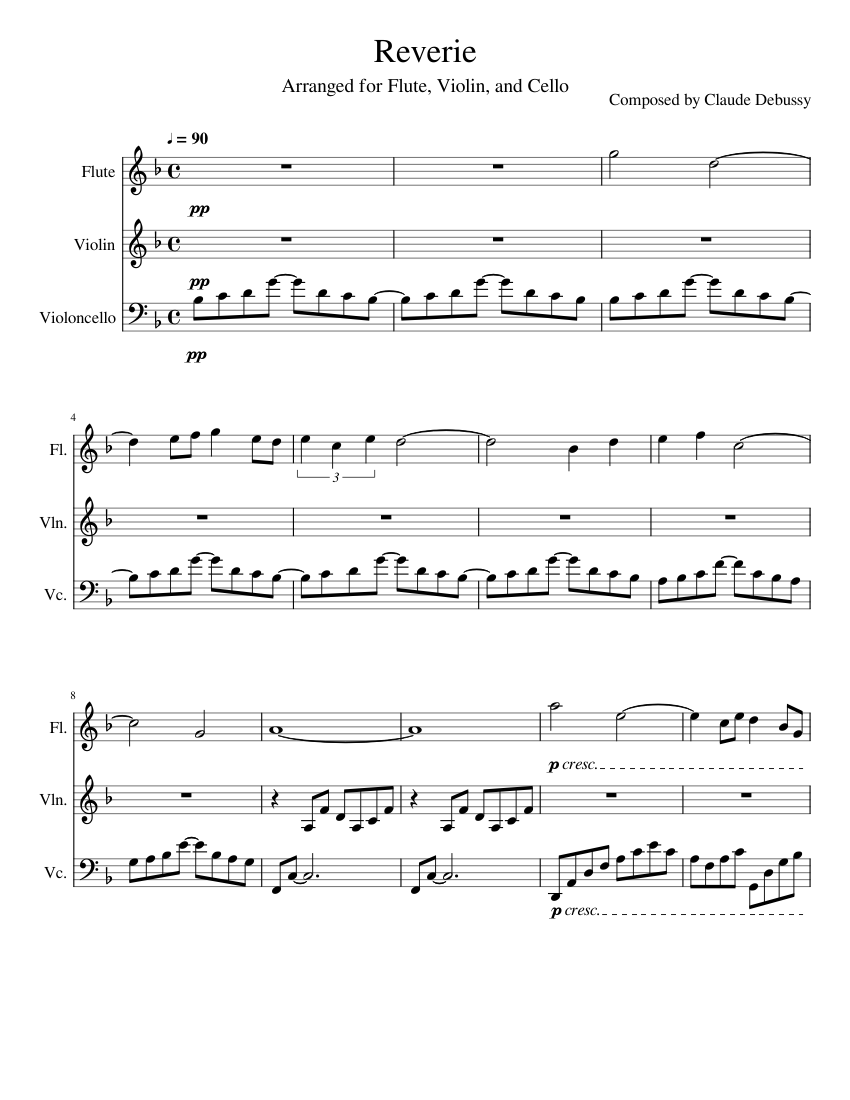 Reverie Arr. for Flute Violin and Cello Sheet music for Flute Violin Cello Mixed Trio Musescore