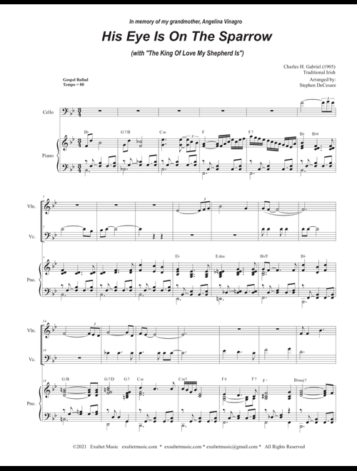 His Eye Is On The Sparrow (with "The King Of Love My Shepherd Is") (Duet for Violin and Cello) (Arr. Stephen DeCesare) - Traditional Charles Gabriel (Instrumental Duet and Piano)