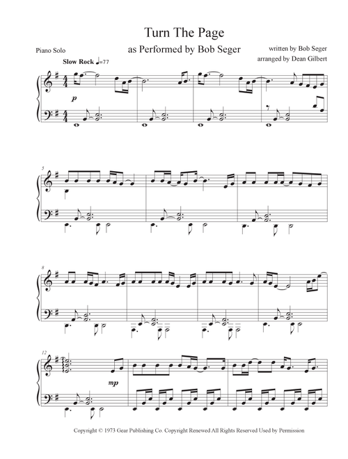 Turn The Page (Arr. Dean Gilbert) - Bob Seger (Piano Solo)