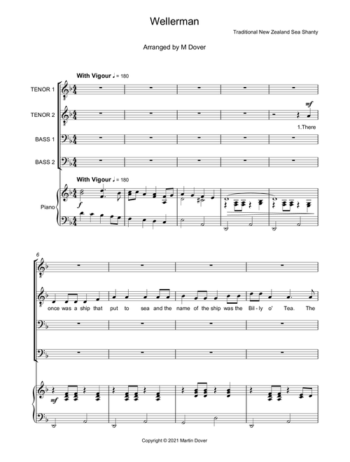 Wellerman - Sea Shanty - Four part choir - TTBB - Lower Voices (Arr. Martin Dover) - Traditional New Zealand Sea Shanty (Choral, TTBB)