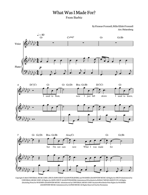 What Was I Made For? (Arr. Heisenberg) - Billie Eilish (Piano-Vocal-Guitar (Piano Accompaniment))
