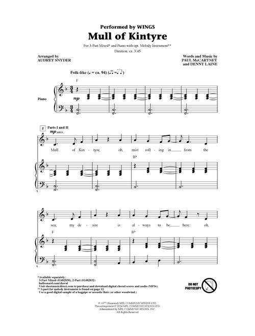 Mull Of Kintyre (arr. Audrey Snyder) - Wings (Choral, 3-Part Mixed)