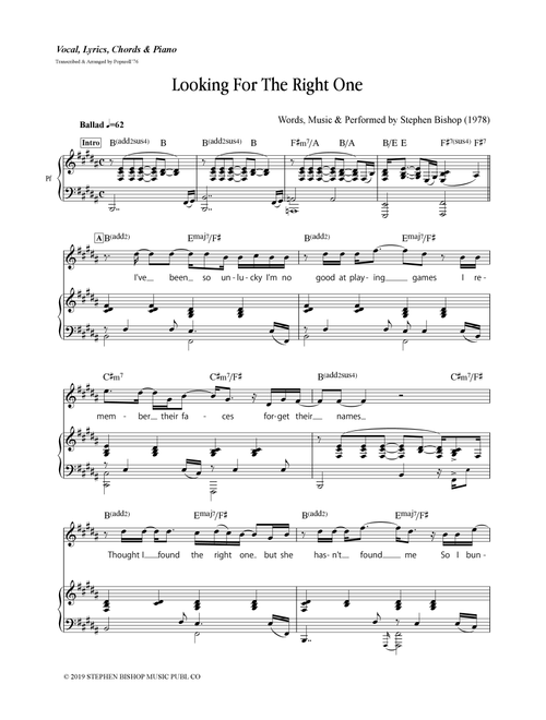 Looking For The Right One (Arr. Popnroll 1976) - Stephen Bishop (Piano Vocal)