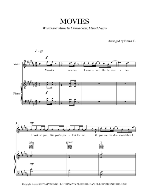 Movies (Arr. Bruna T.) - Conan Gray (Piano-Vocal-Guitar (Piano Accompaniment))