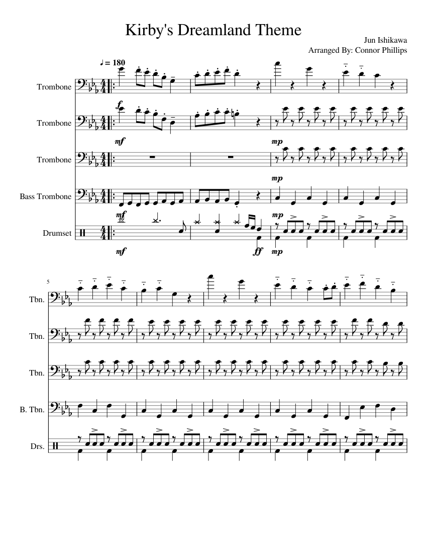 Kirby's Dreamland Theme: Trombone Quartet with Drumset Sheet music for  Trombone, Trombone bass, Drum group (Mixed Quintet) 