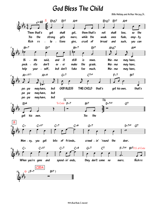 God Bless The Child (Lead sheet with lyrics )