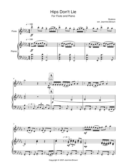 Hips Don't Lie (Arr. Jasmine Brown) - Shakira Featuring Wyclef Jean (Flute and Piano)