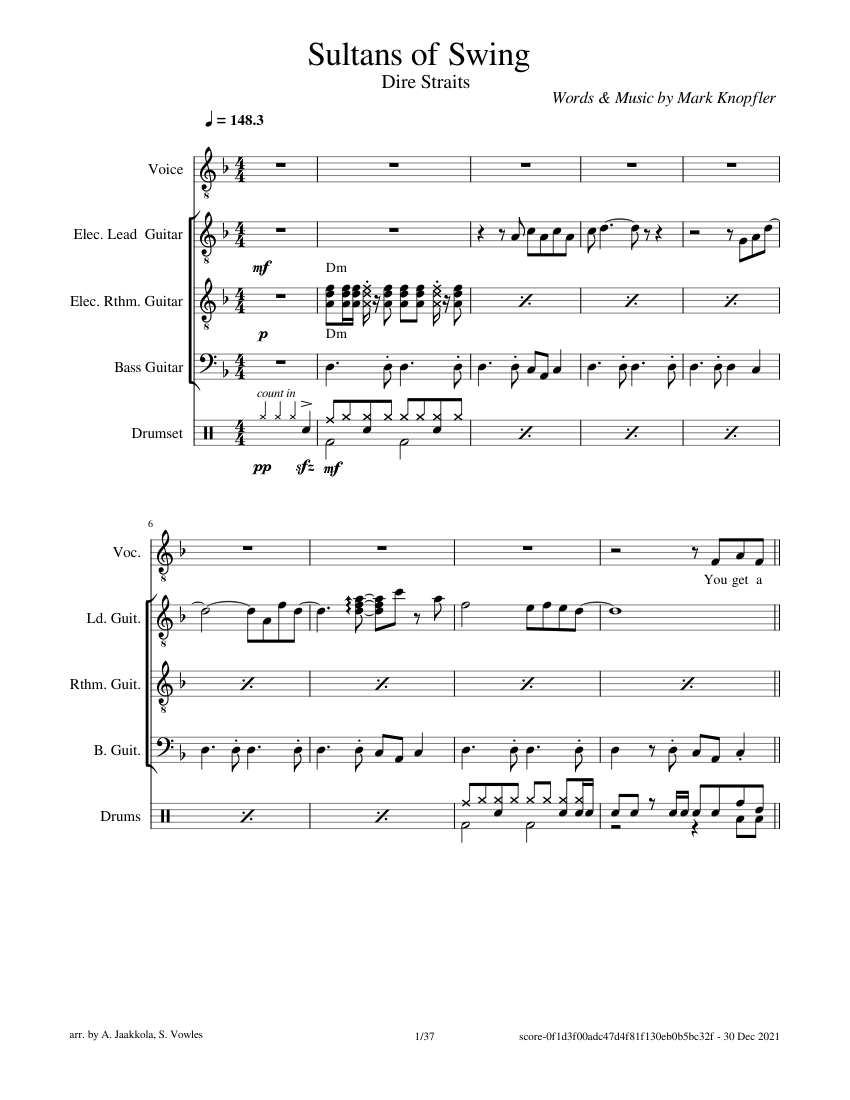 Sultans of Swing (Dire Straits) Sheet Music and Tab with Chords