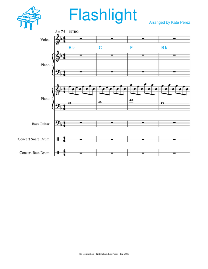 Flashlight Sheet music for Piano, Vocals, Snare drum, Bass guitar