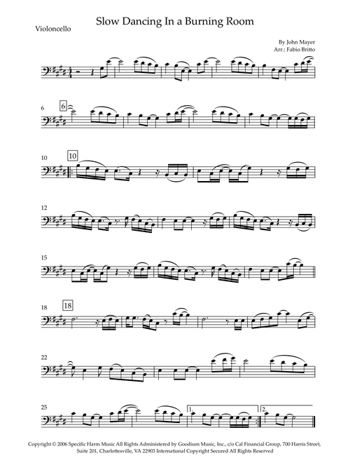 Slow Dancing In A Burning Room (Arr. Fabio Britto) - John Mayer (Cello Solo)