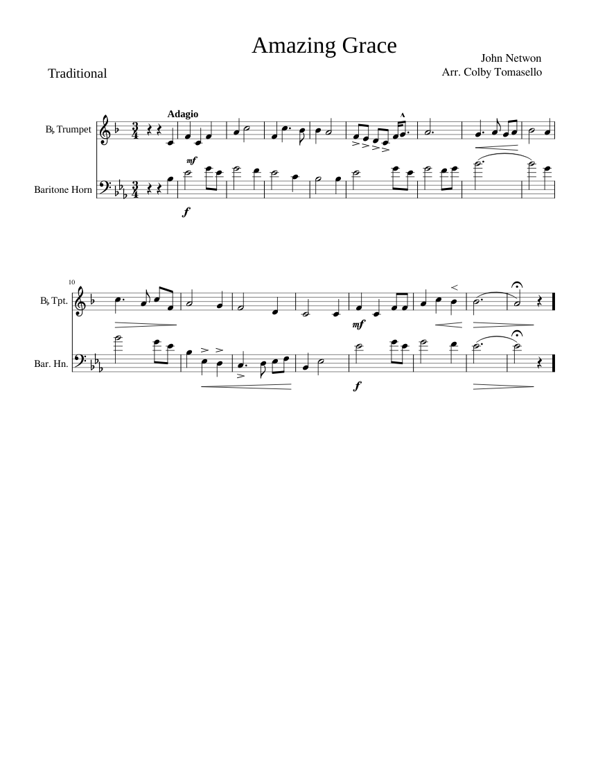 Amazing Grace Trumpet Euphonium Duet Sheet music for Baritone horn