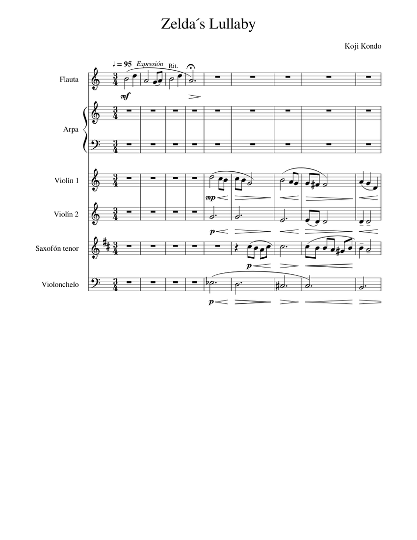 Zelda's Lullaby Sheet music for Flute, Saxophone tenor, Violin, Cello