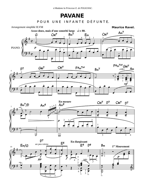 Ravel Pavane pour une infante défunte simplifié avec accords chiffrés et doigtés
