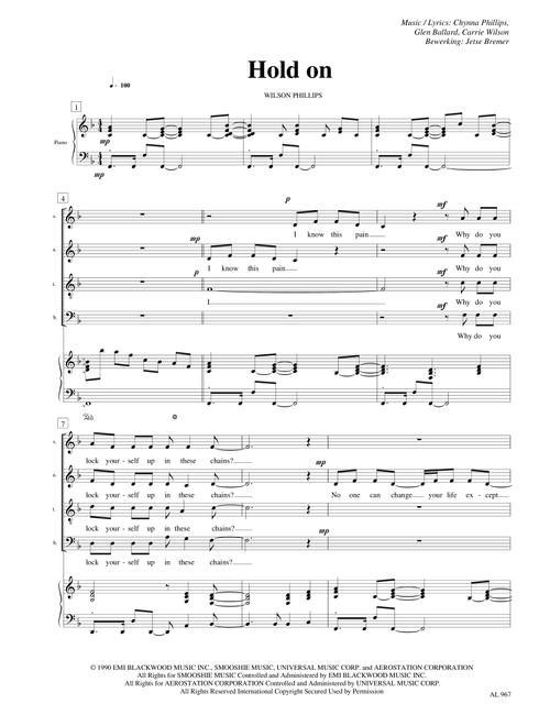 Hold On (Arr. Jetse Bremer) - Wilson Phillips (Choral, SATB)